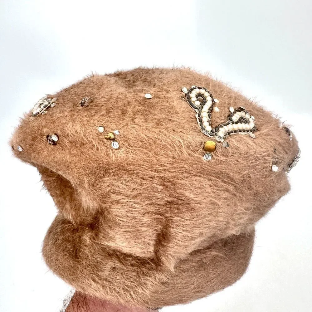 VEEDA LOUISA Tan Beige Vintage Bejeweled Beret Hat